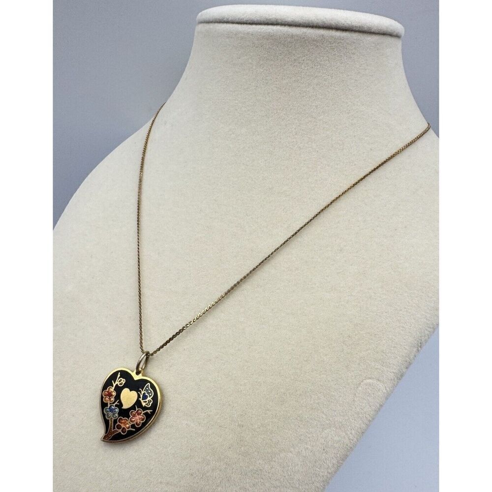 Vintage Goldtone‎ Cloisonne Enamel Floral Butterfly Heart Pendant Necklace 16” - Picture 3 of 8